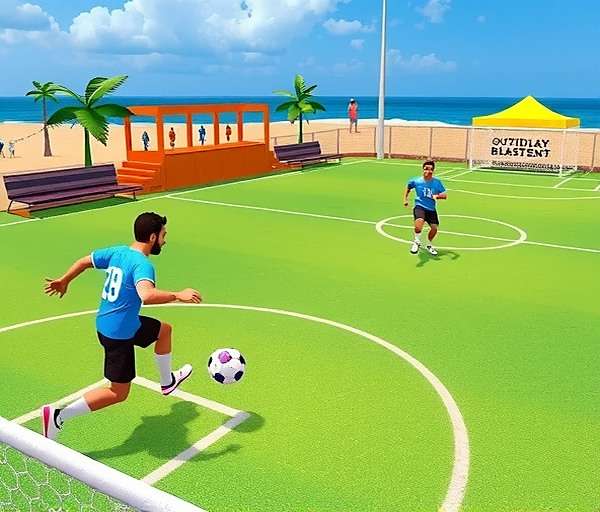 Goa Dribble Master Gameplay Screenshot Goa Dribble Master gameplay showing a player dribbling past defenders on a beach football court